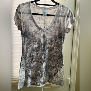 M. Fasis by California Blue Graphic V-Neck Tee with Beaded Fleur De Lis accent